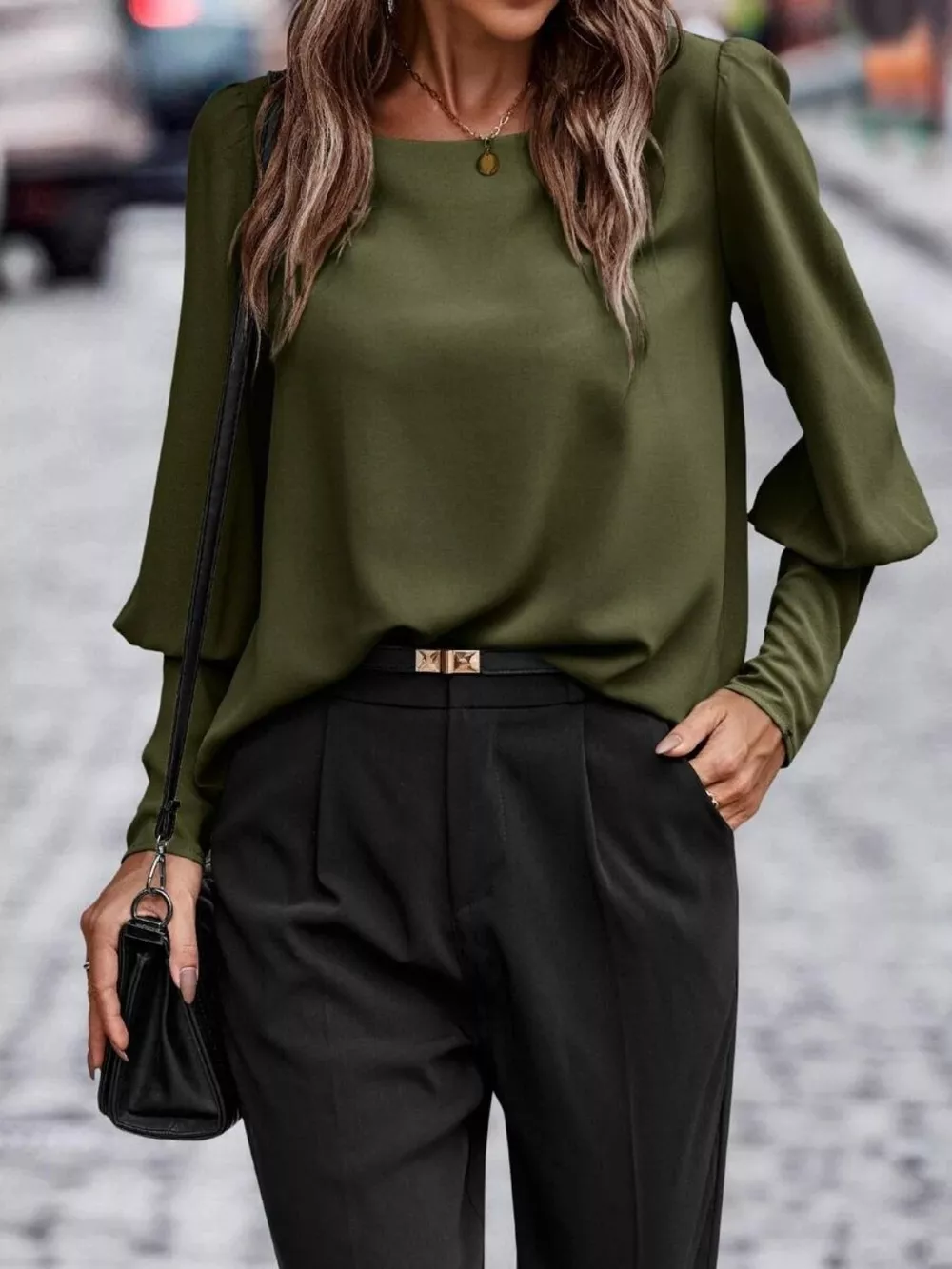 Round Neck Lantern Sleeve Blouse, image 2