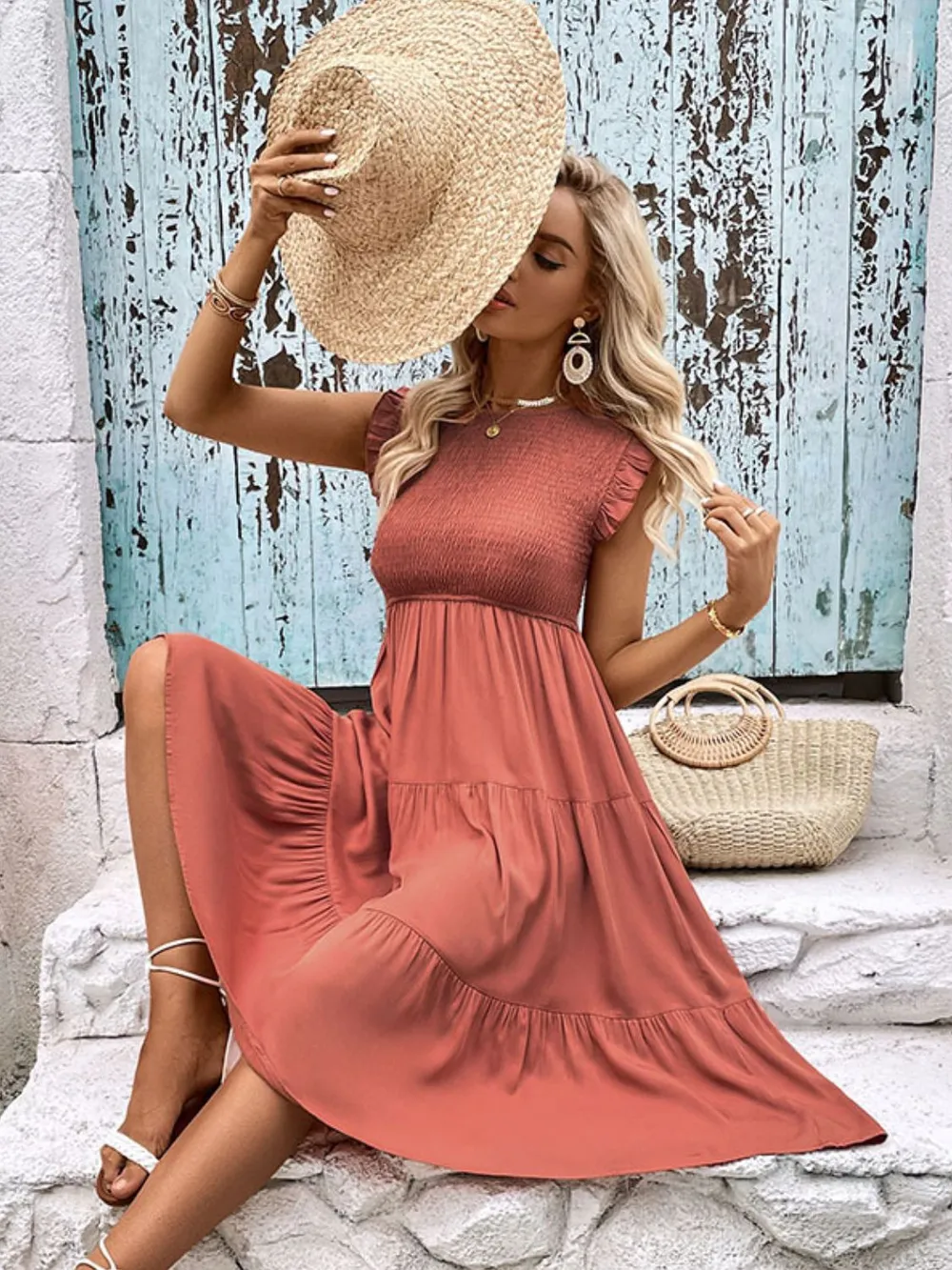 Smocked Round Neck Tiered Dress, image 4