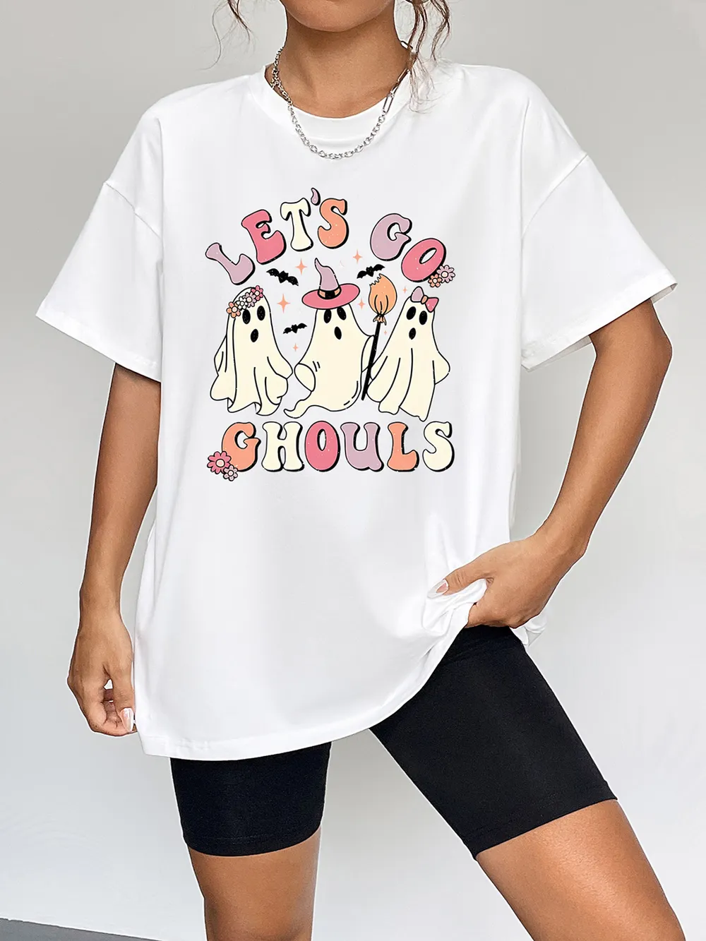 Round Neck Short Sleeve LET'S GO GHOULS Graphic T-Shirt, image 4