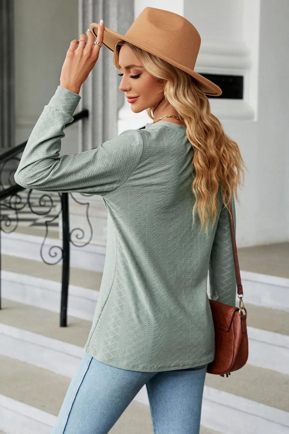 Notched Neck Long Sleeve Buttoned Blouse, image 12