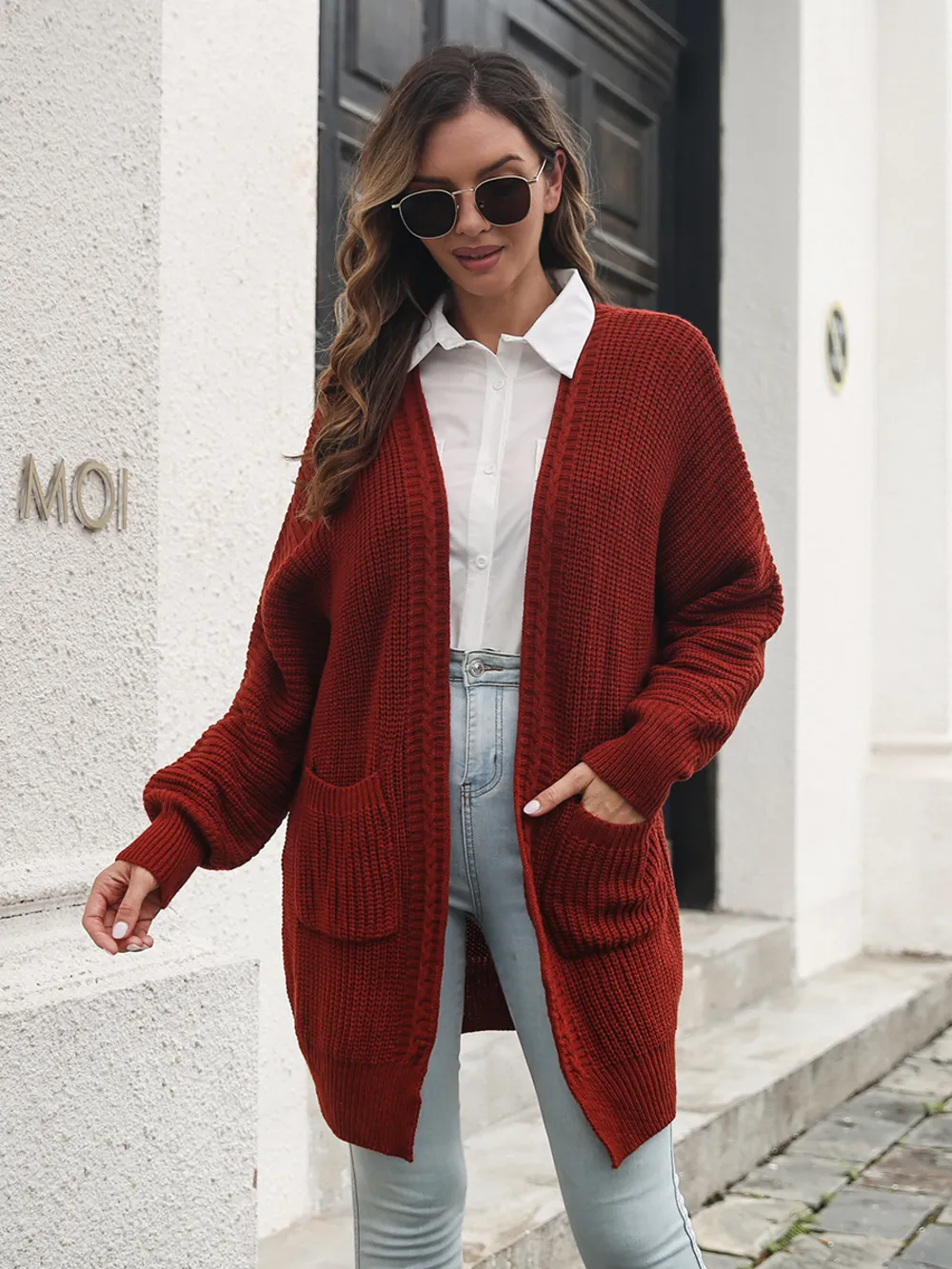 Open Front Rib-Knit Cardigan with Pockets, image 3