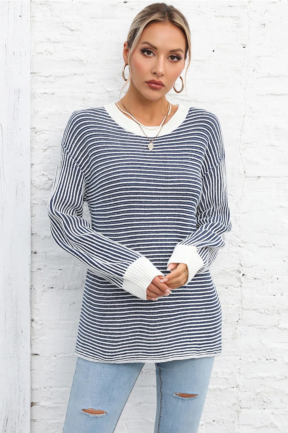 Striped Round Neck Long Sleeve Knit Top, image 3