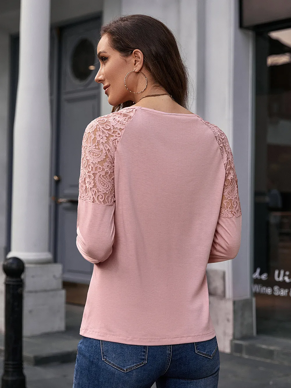 Lace Trim Round Neck Raglan Sleeve Tee, image 2