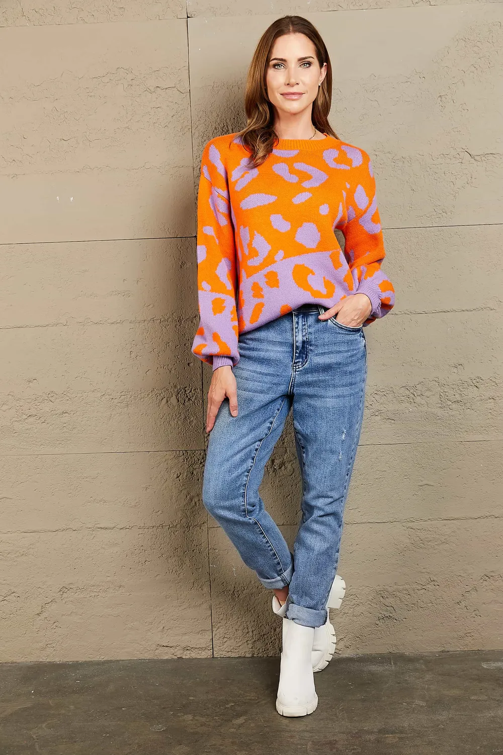 Leopard Round Neck Dropped Shoulder Sweater, image 5