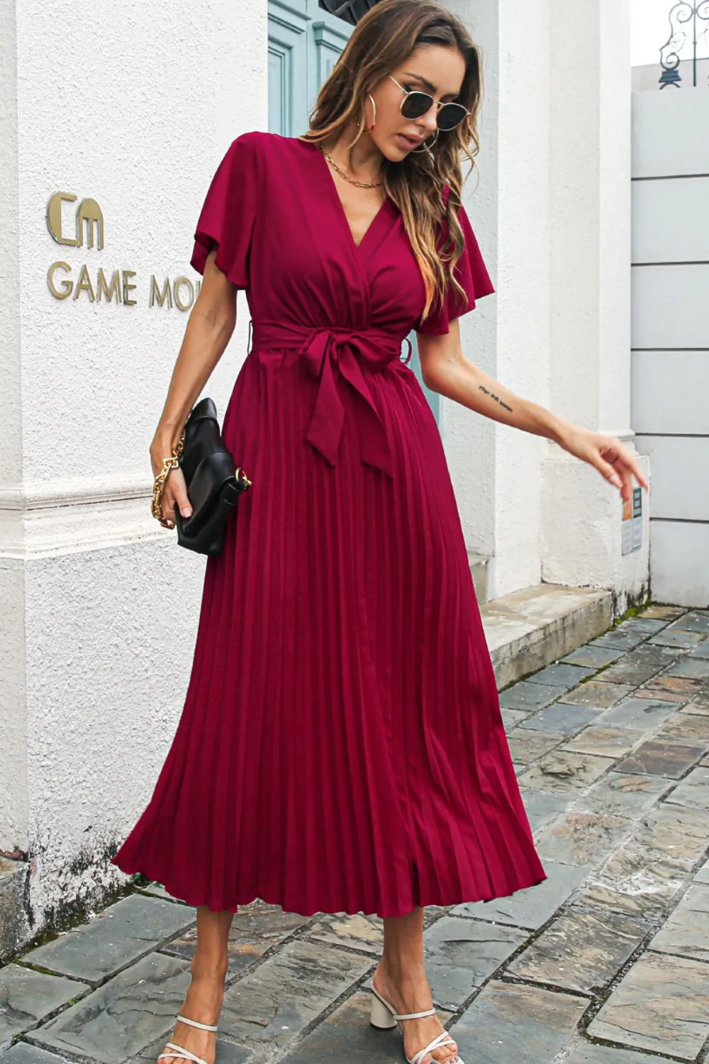 Flutter Sleeve Belted Surplice Midi Dress, image 6