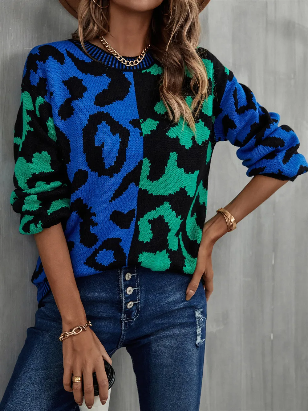 Round Neck Contrast Color Dropped Shoulder Sweater, image 8