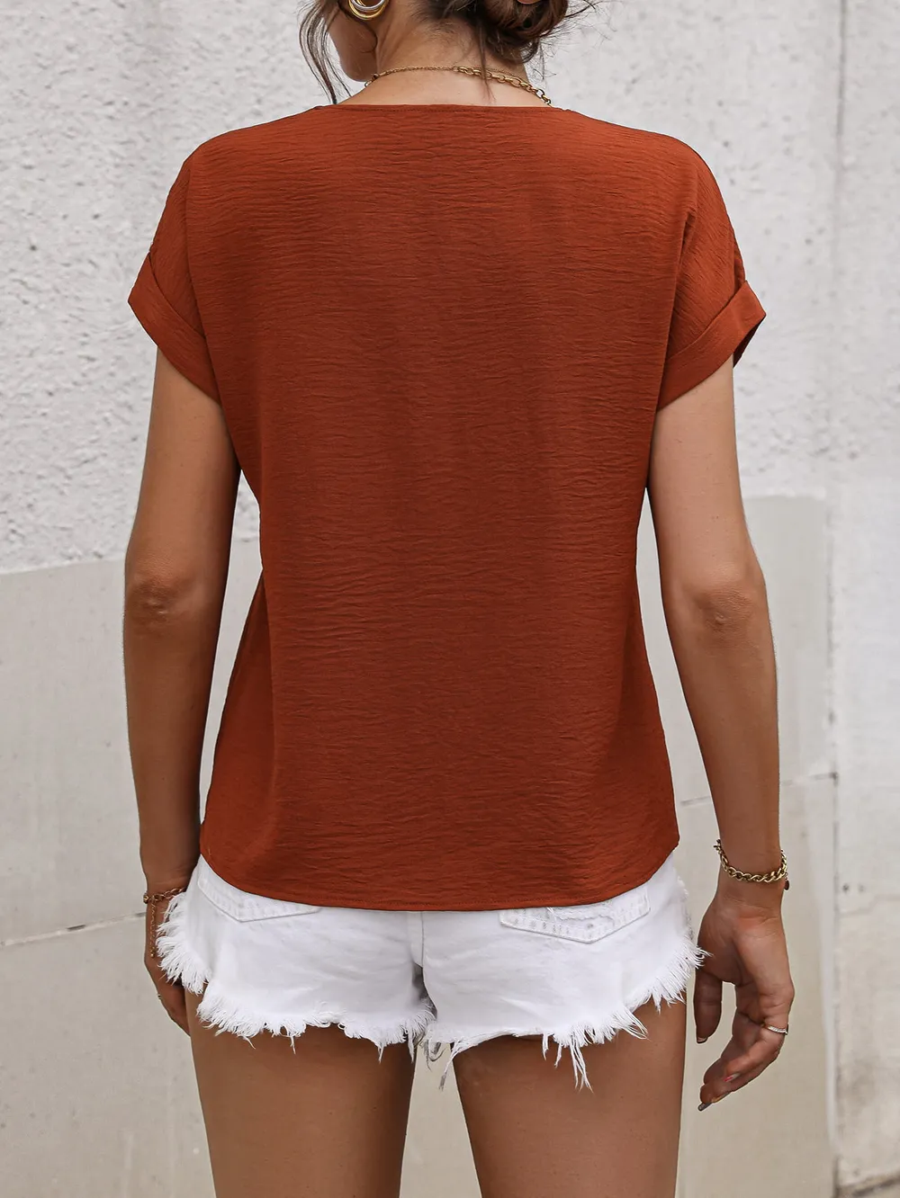 Buttoned V-Neck Short Sleeve Blouse, image 5
