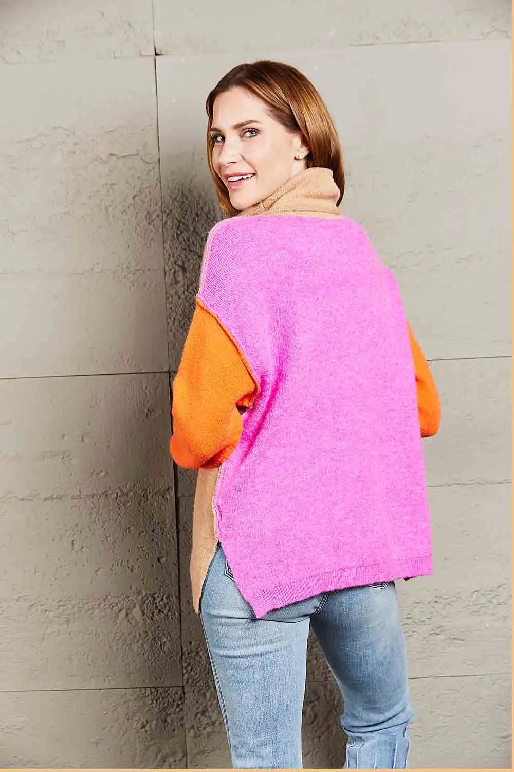 Color Block Turtleneck Slit Sweater, image 2