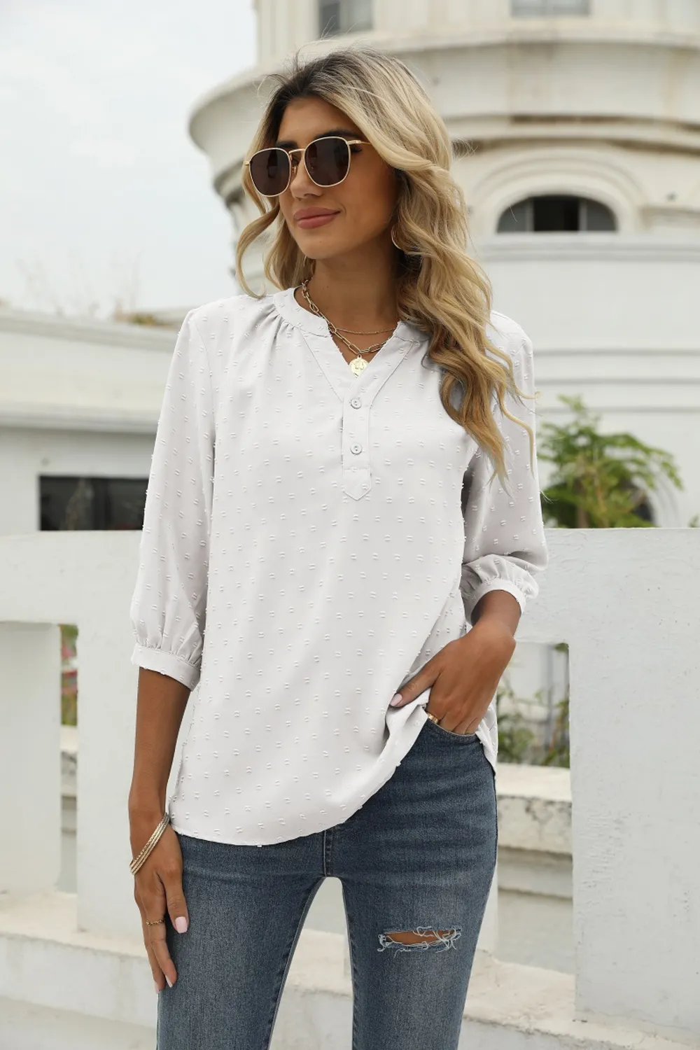 Swiss Dot Notched Neck Three-Quarter Sleeve Blouse, image 30