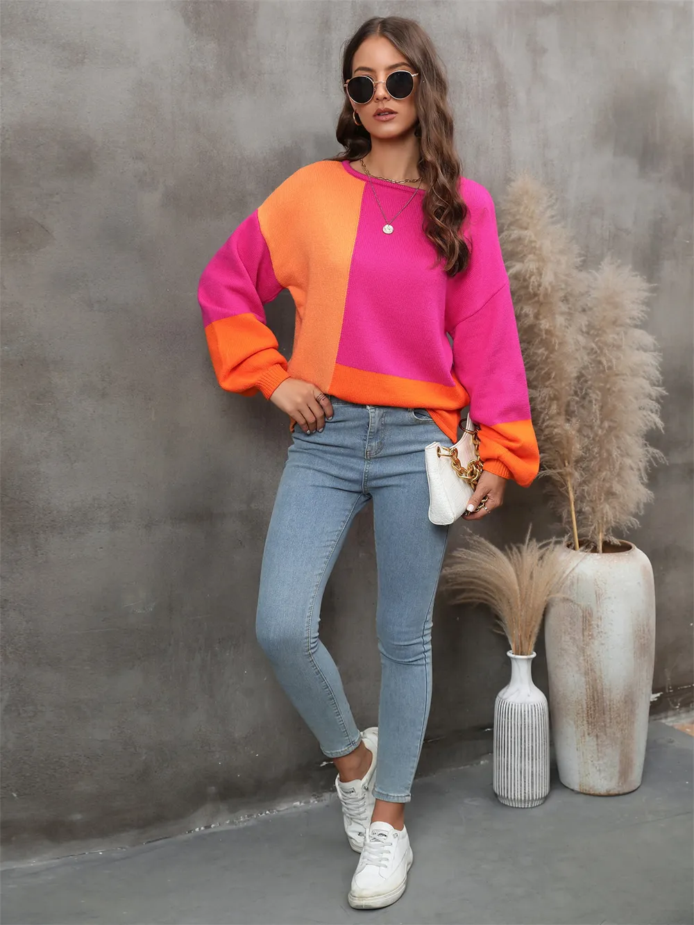 Color Block Round Neck Dropped Shoulder Sweater, image 4