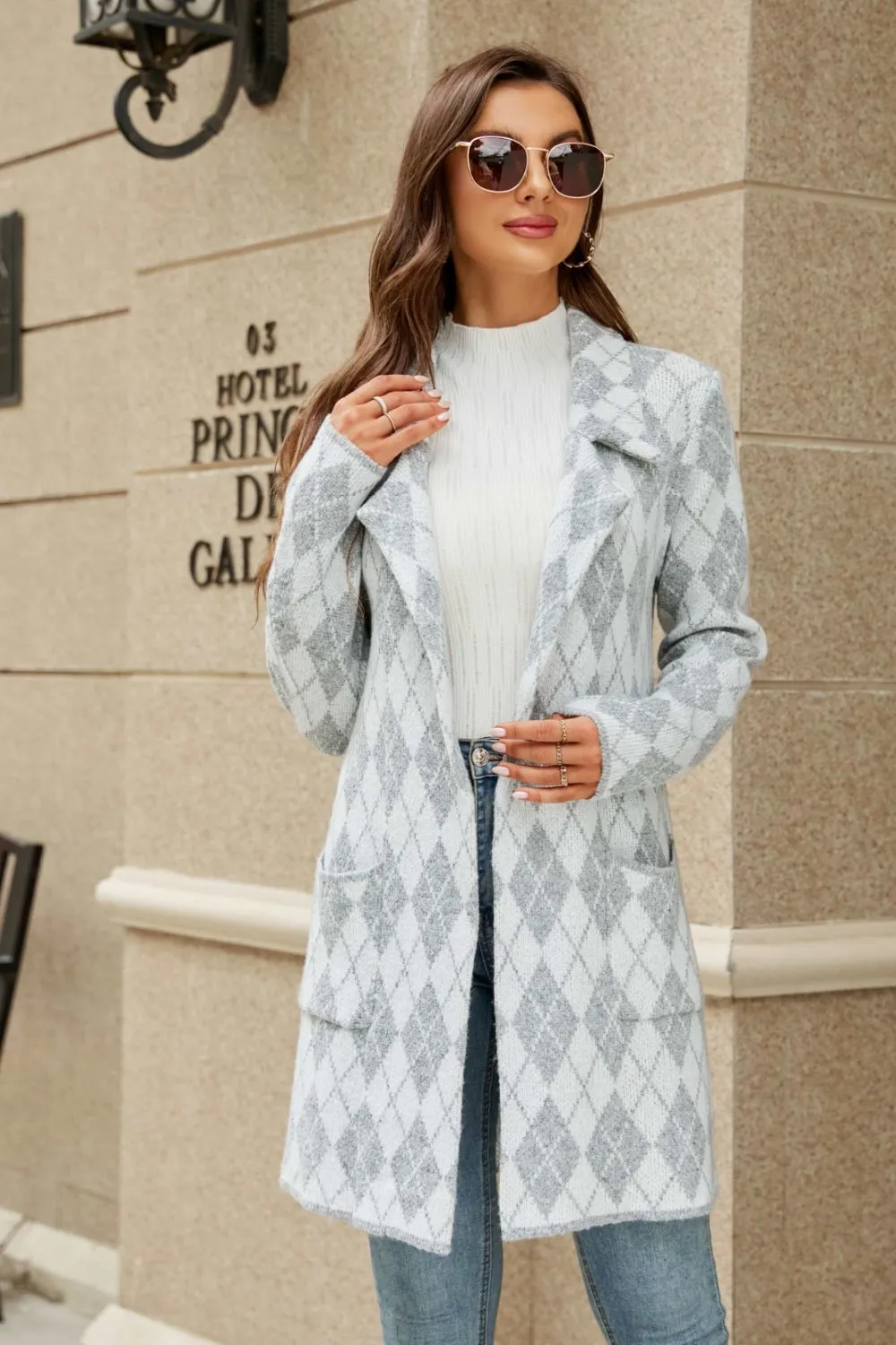 Printed Open Front Lapel Collar Cardigan with Pockets, image 8