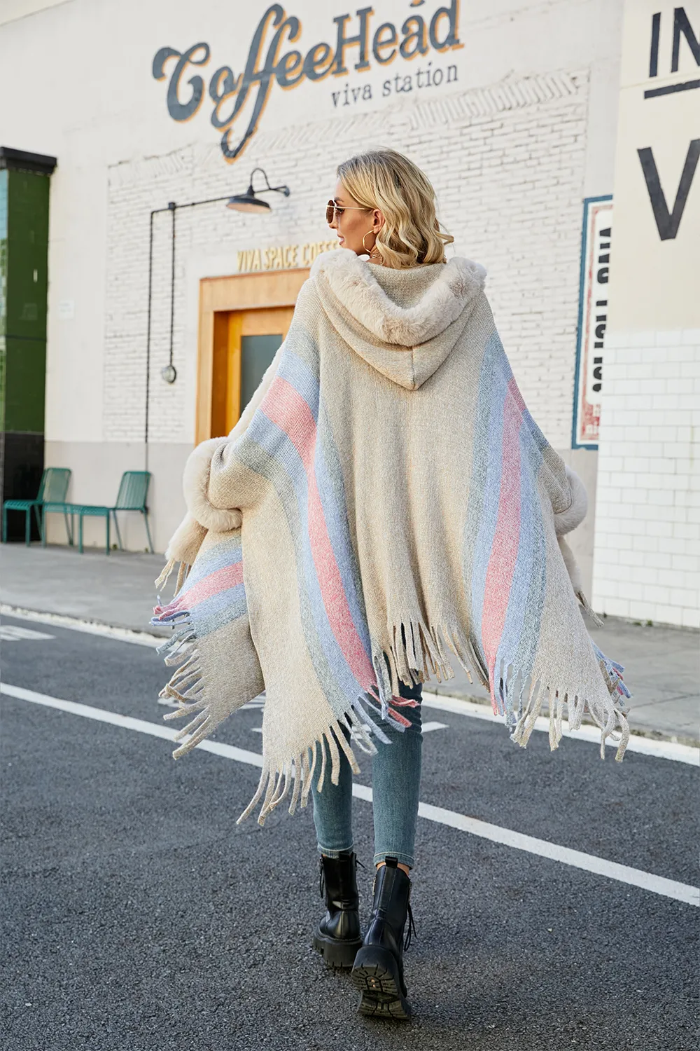 Color Block Fringe Detail Poncho, image 3