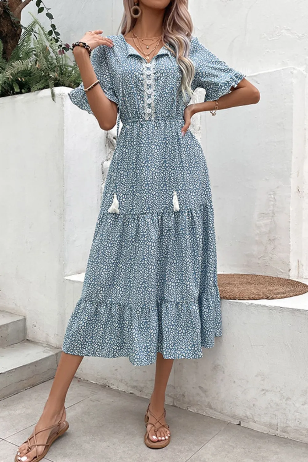 Printed Tassel Tie Flounce Sleeve Dress, image 3