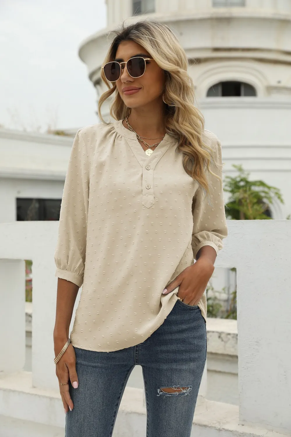 Swiss Dot Notched Neck Three-Quarter Sleeve Blouse, image 24