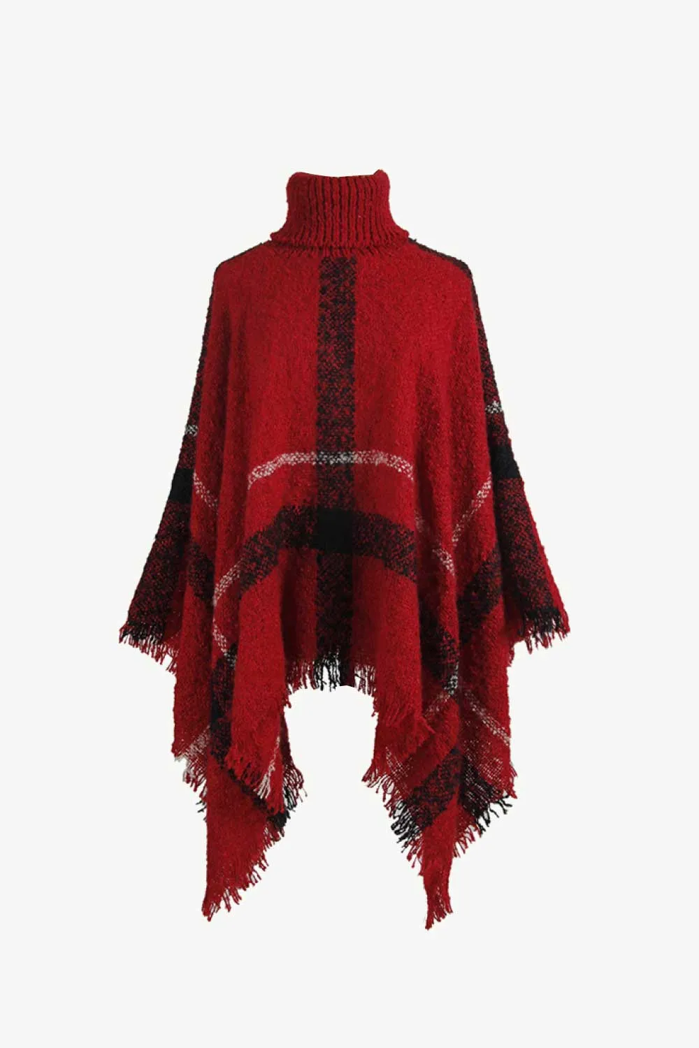 Plaid Turtleneck Raw Hem Poncho, image 6
