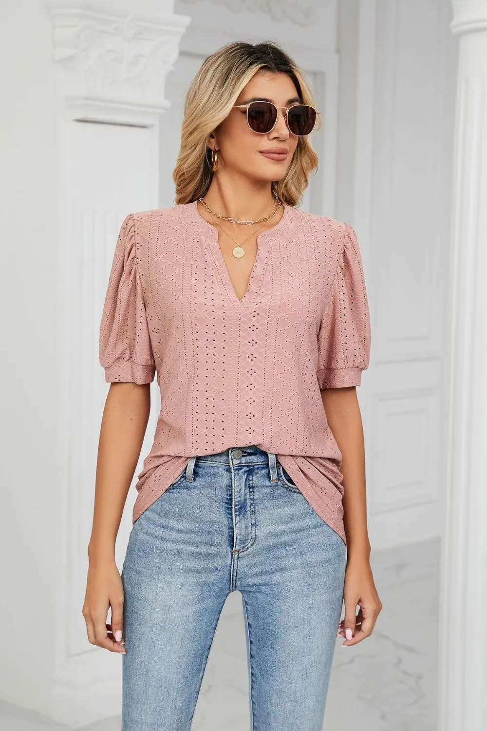 Eyelet Short Puff Sleeve Notched Neck Top, image 3