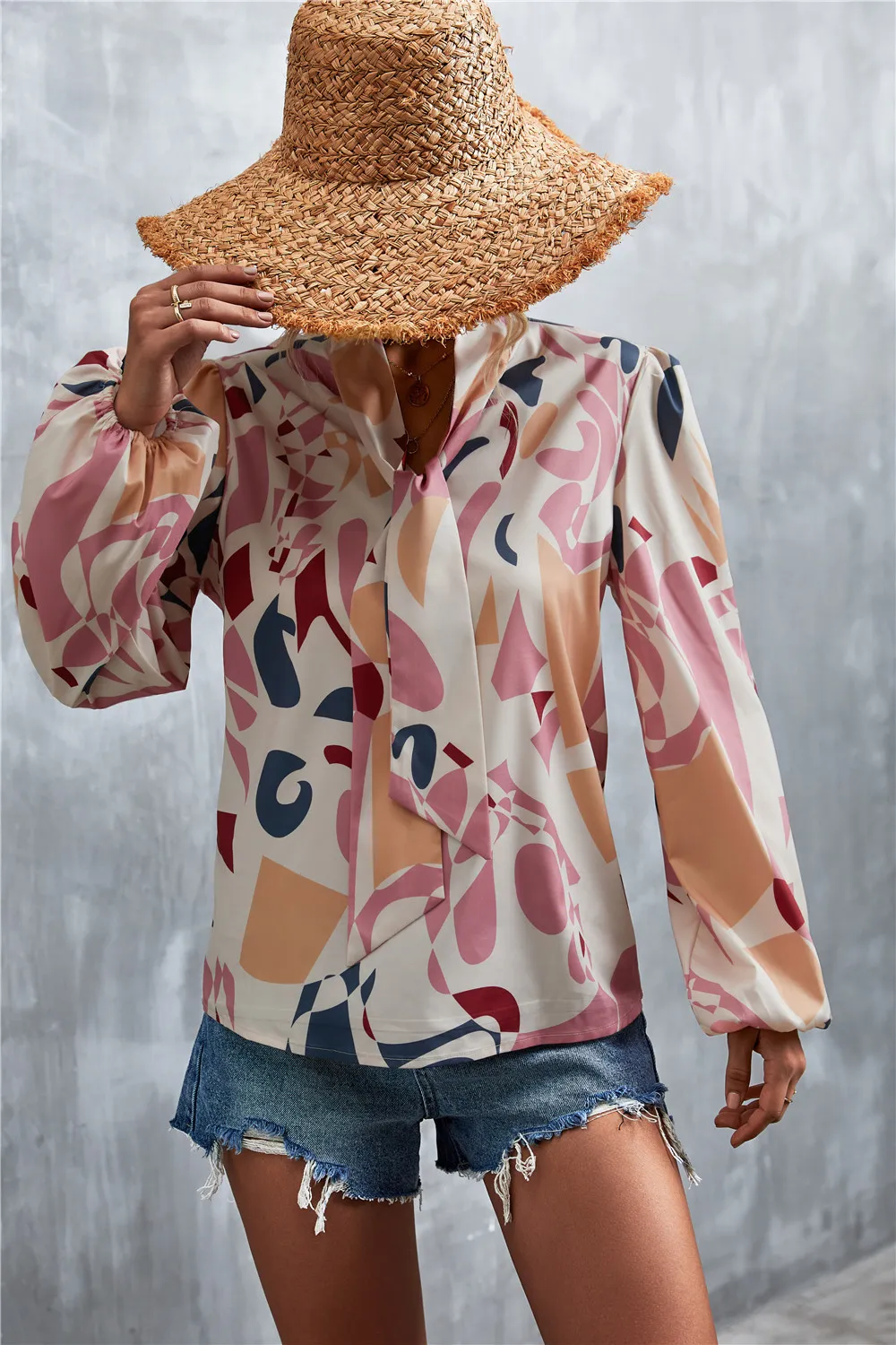 Printed Tie Neck Puff Sleeve Blouse, image 15