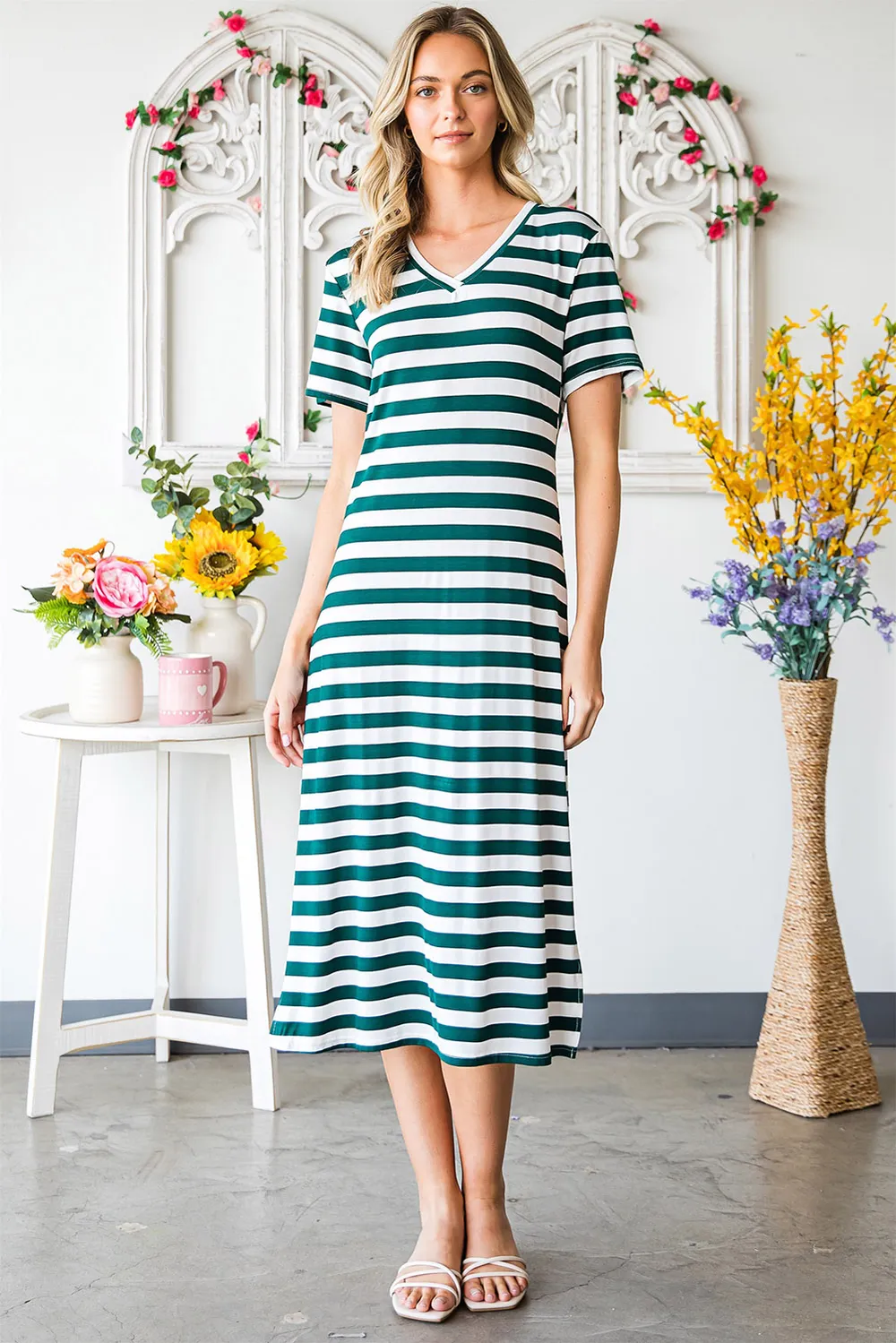 Striped V-Neck Short Sleeve Side Slit Dress, image 8