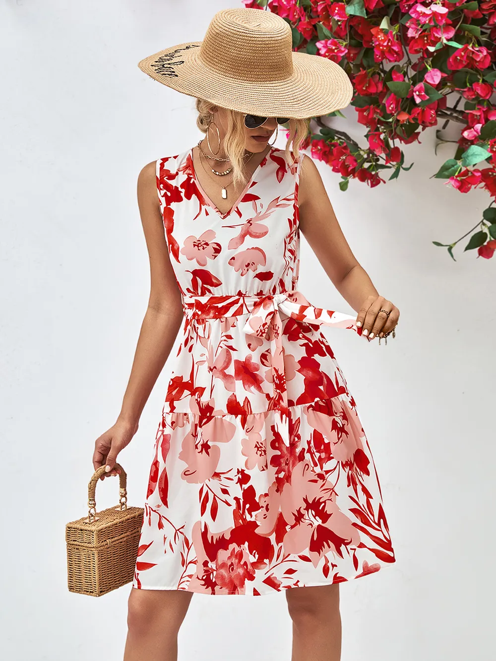 Floral V-Neck Tie Waist Sleeveless Dress, image 10