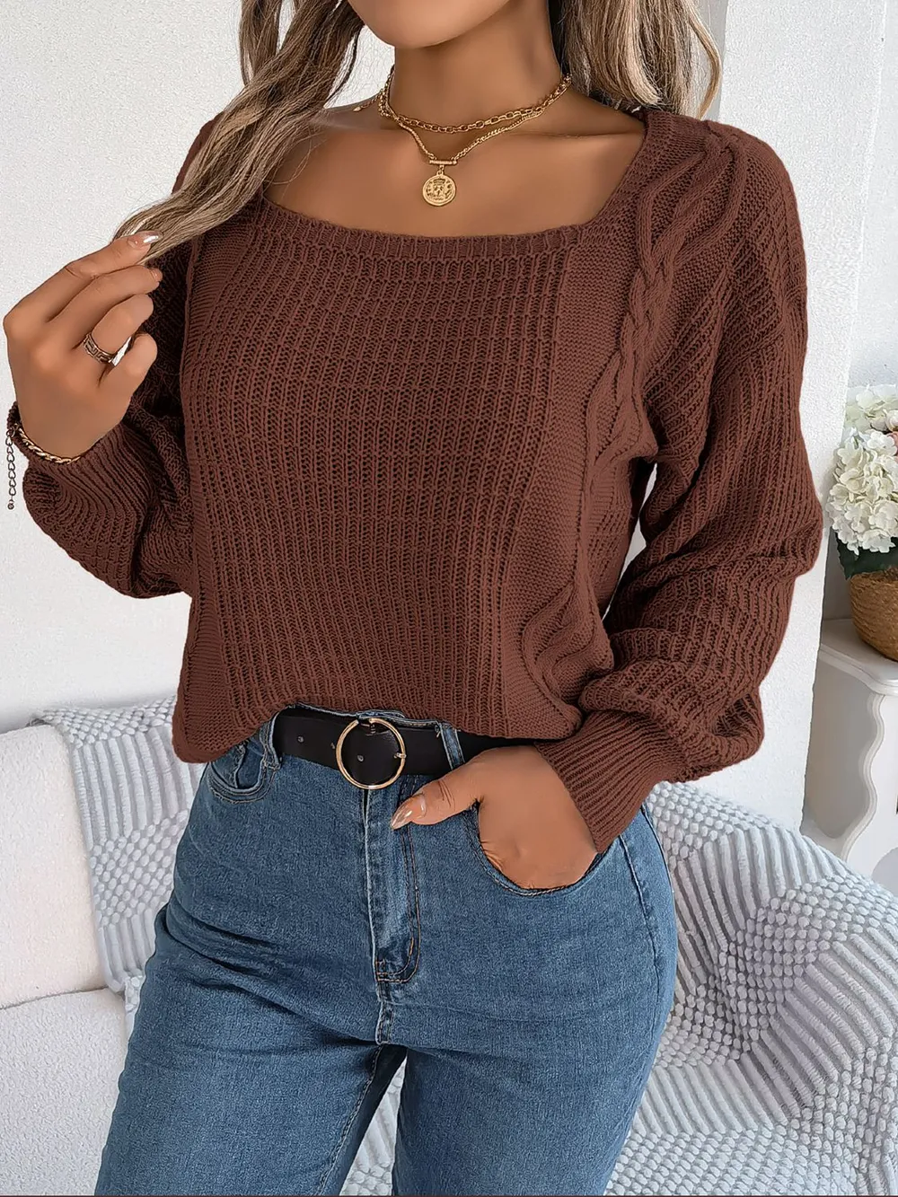 Square Neck Mixed Knit Sweater, image 6
