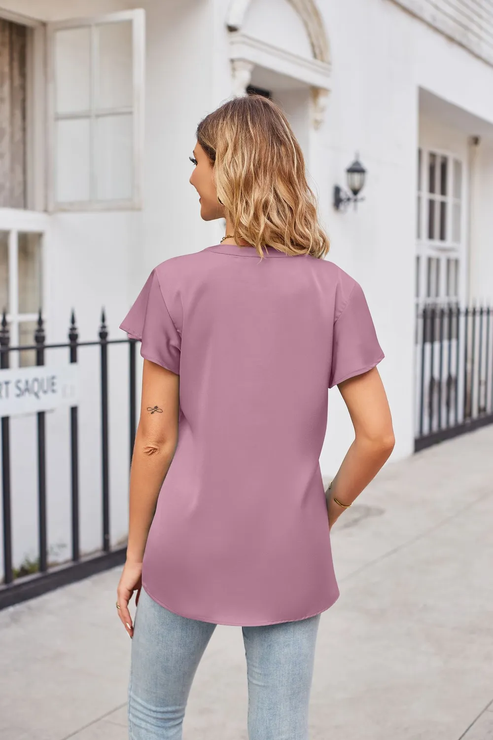 Notched Neck Flutter Sleeve Satin Top, image 22