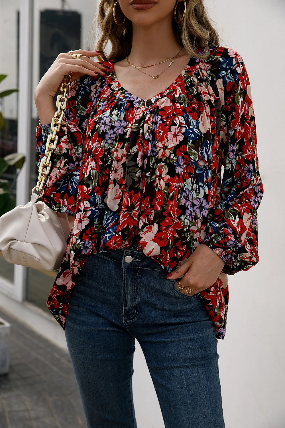 Floral Print Balloon Sleeve Ruched Blouse, image 4