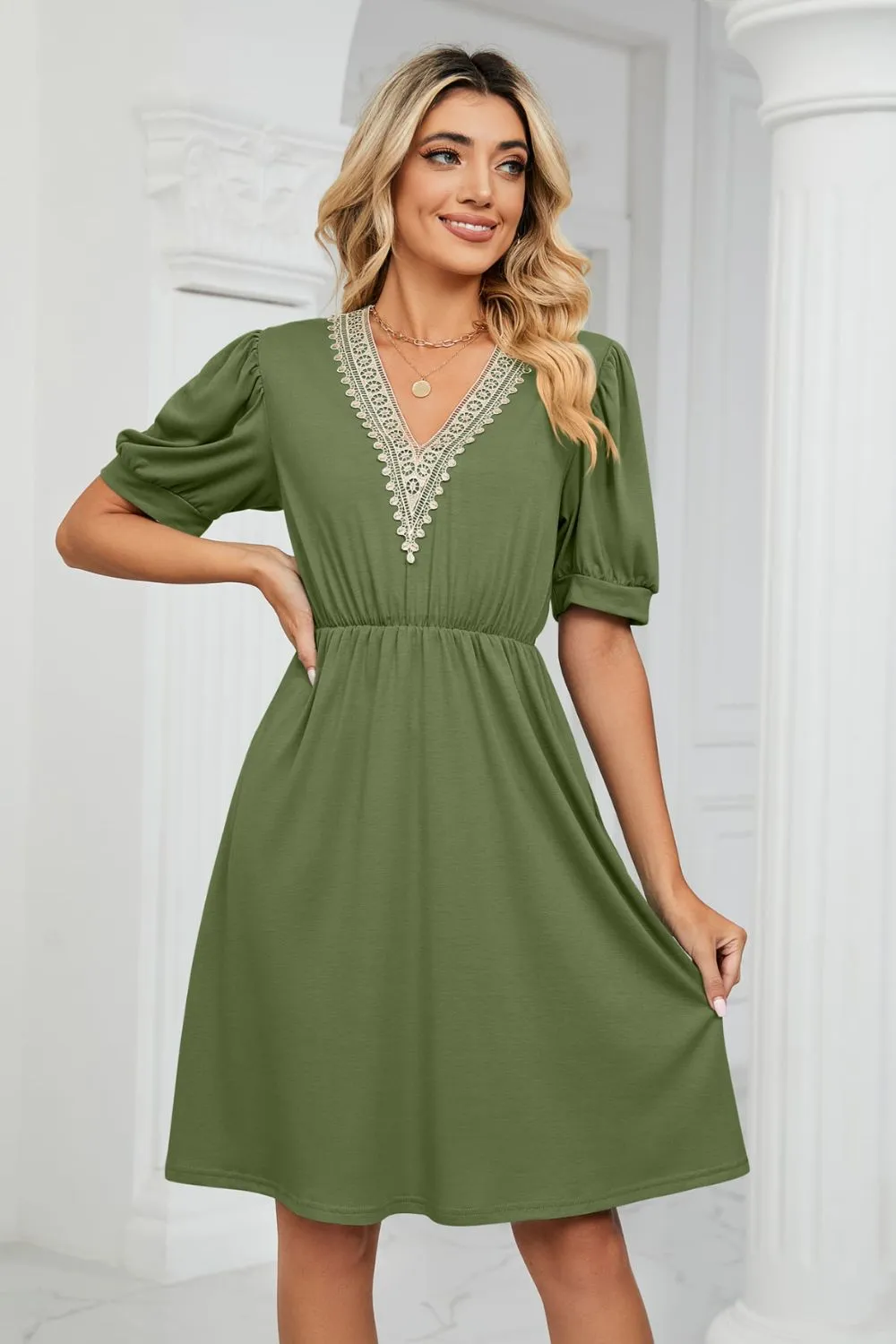 Contrast V-Neck Puff Sleeve Pocket Dress, image 23