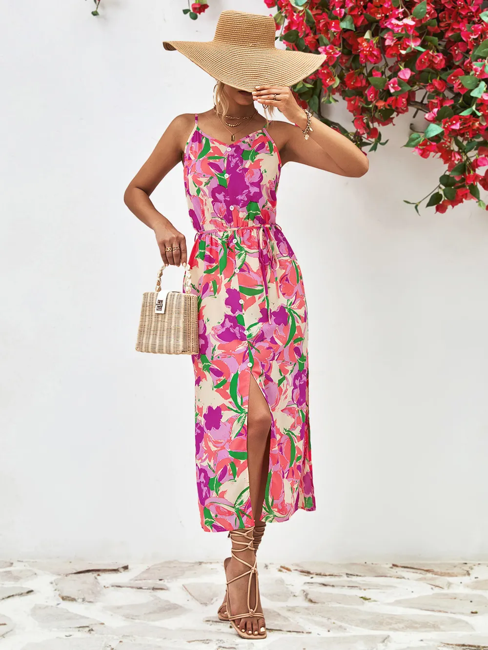 Printed Spaghetti Strap Front Slit Dress, image 10