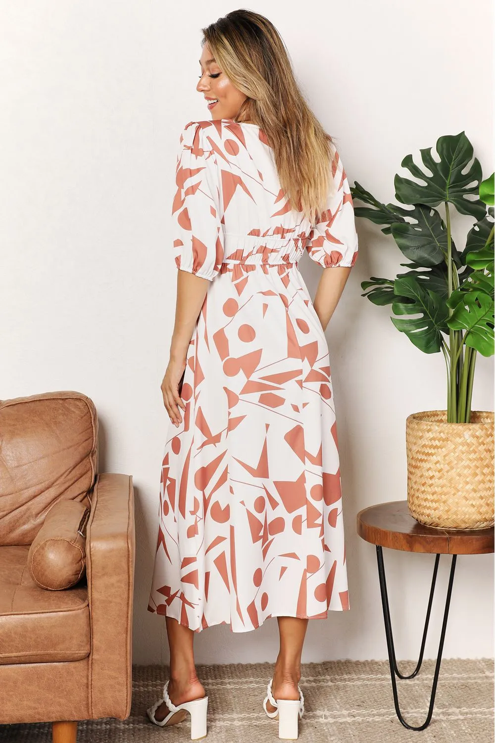 Printed Surplice Balloon Sleeve Dress, image 8