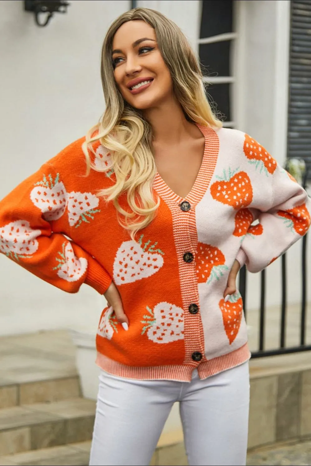 Printed V-Neck Button-Down Long Sleeve Cardigan, image 9