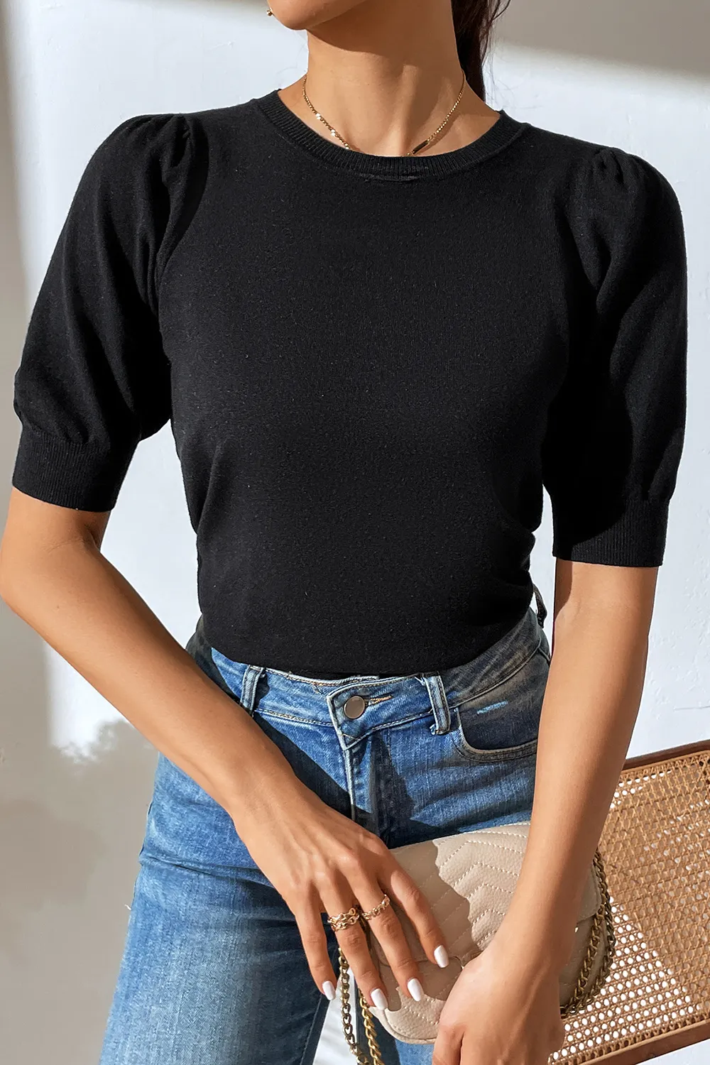 Round Neck Puff Sleeve Knit Top, image 9