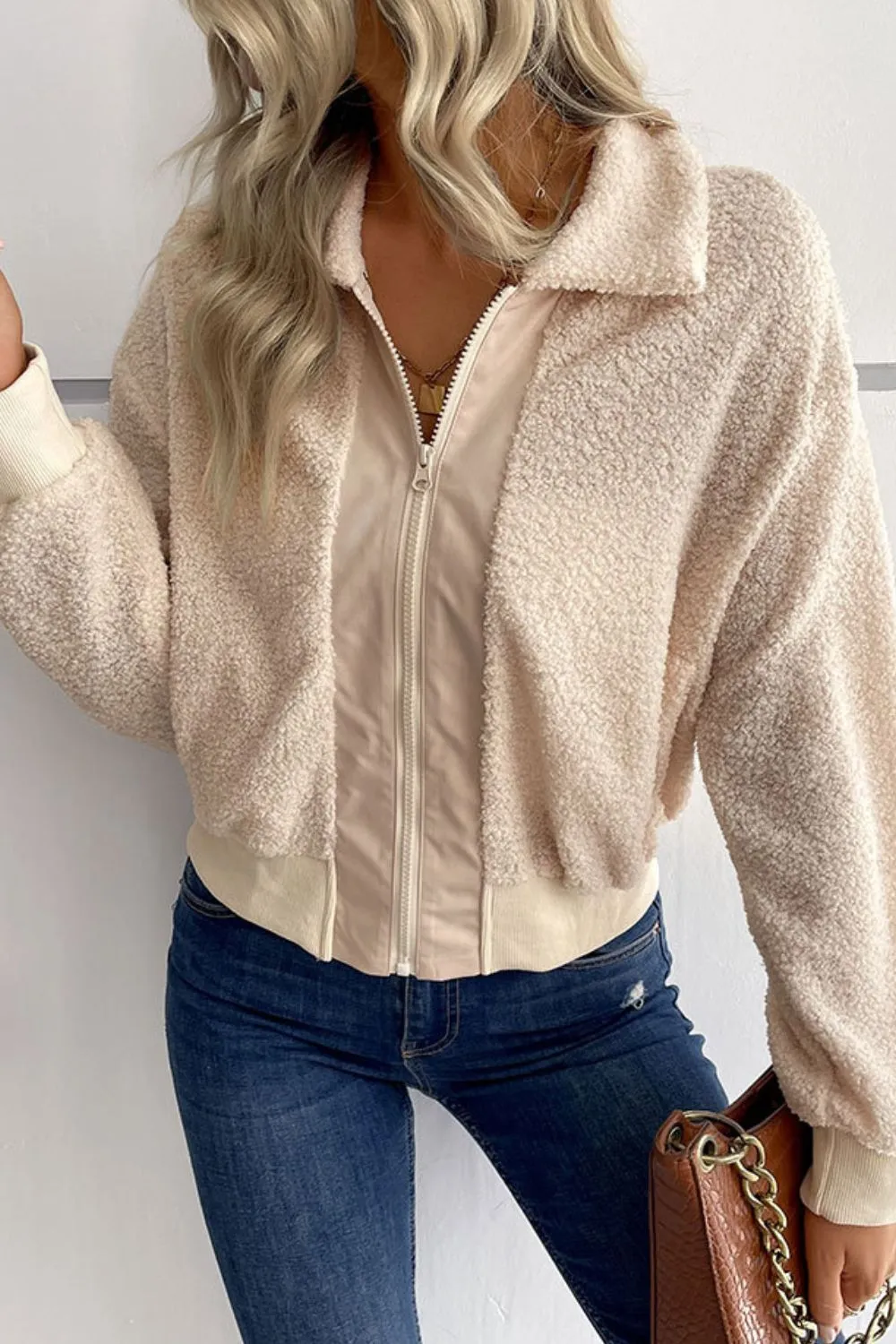 Zip-Up Sherpa Collared Neck Jacket with Pockets, image 5