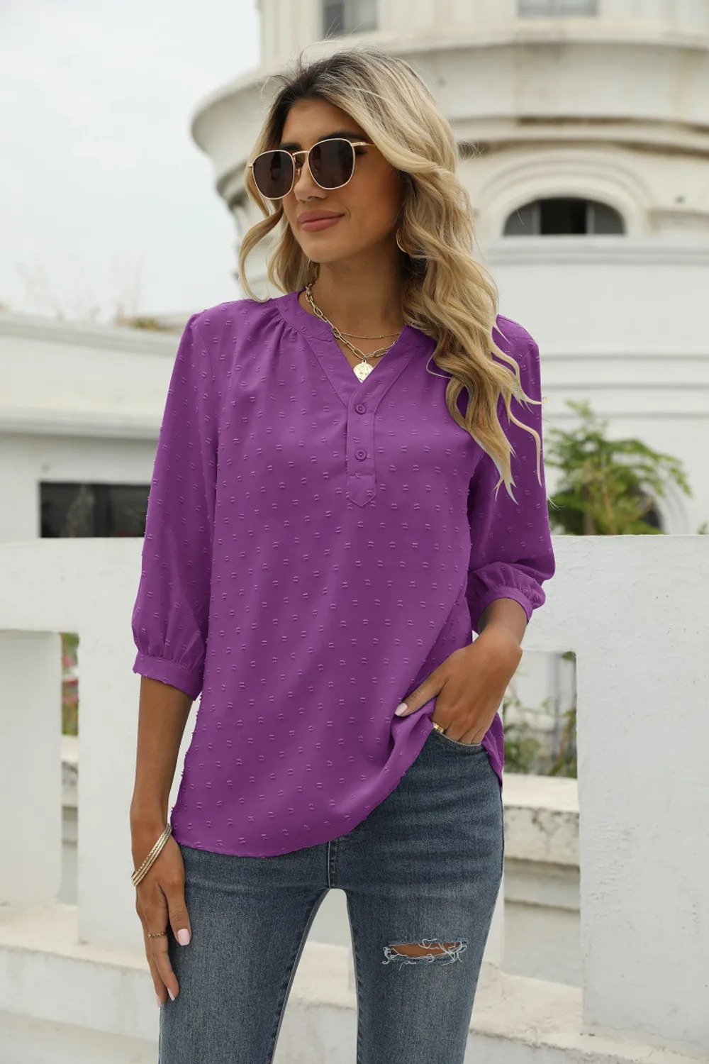 Swiss Dot Notched Neck Three-Quarter Sleeve Blouse, image 15