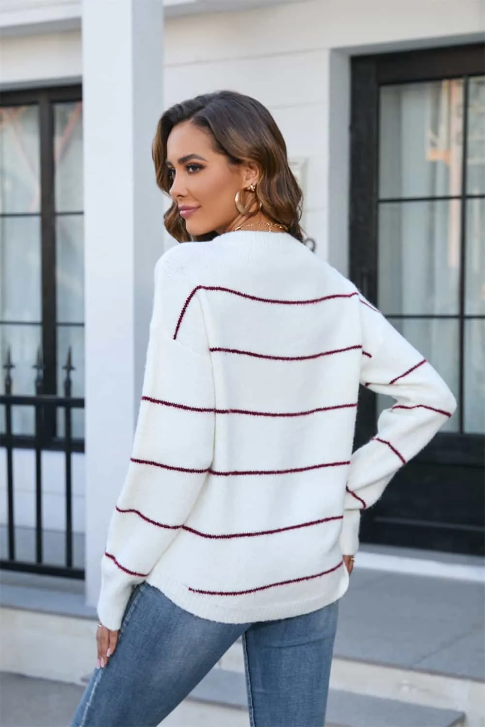Striped Round Neck Long Sleeve Sweater, image 6