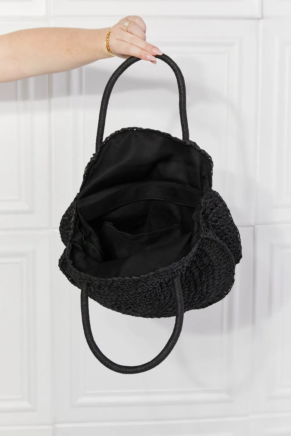 Beach Date Straw Rattan Handbag in Black, image 6