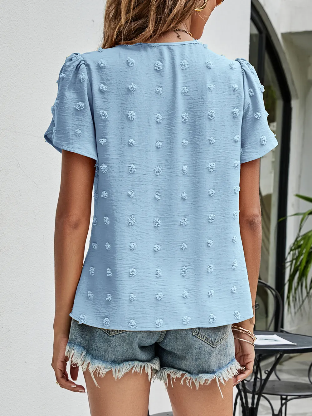 Swiss Dot Round Neck Petal Sleeve Top, image 10