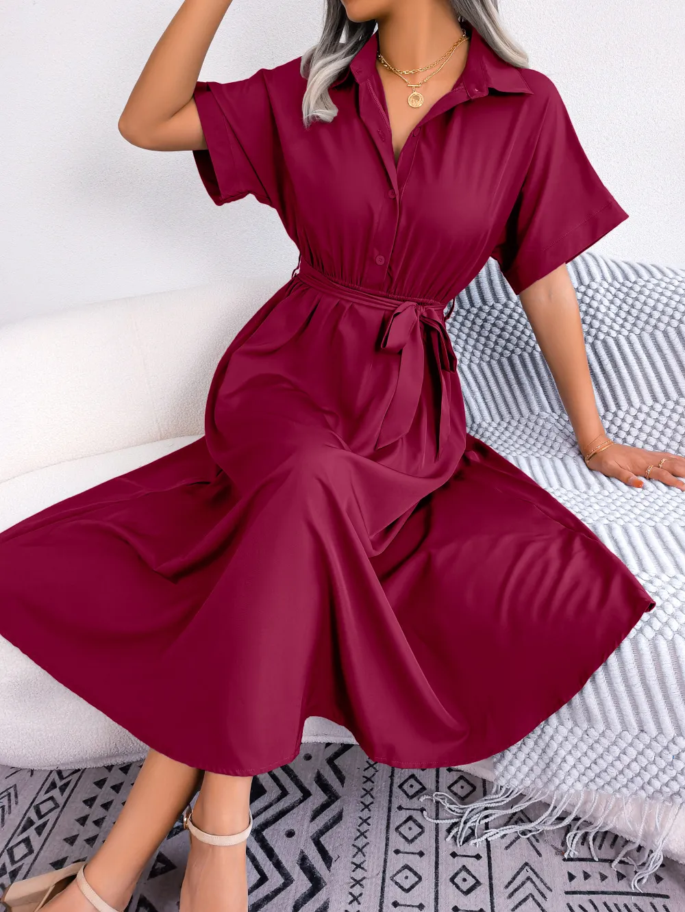 Short Sleeve Collared Tie Belt Dress, image 2
