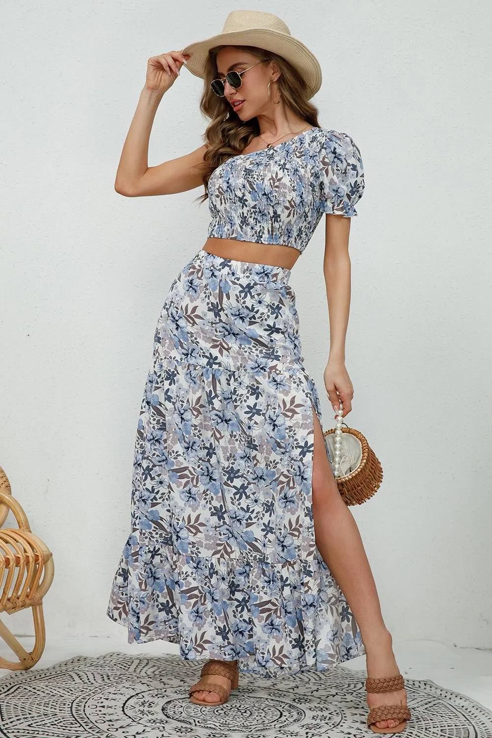 Printed Asymmetrical Cropped Top and Split Skirt Set, image 3
