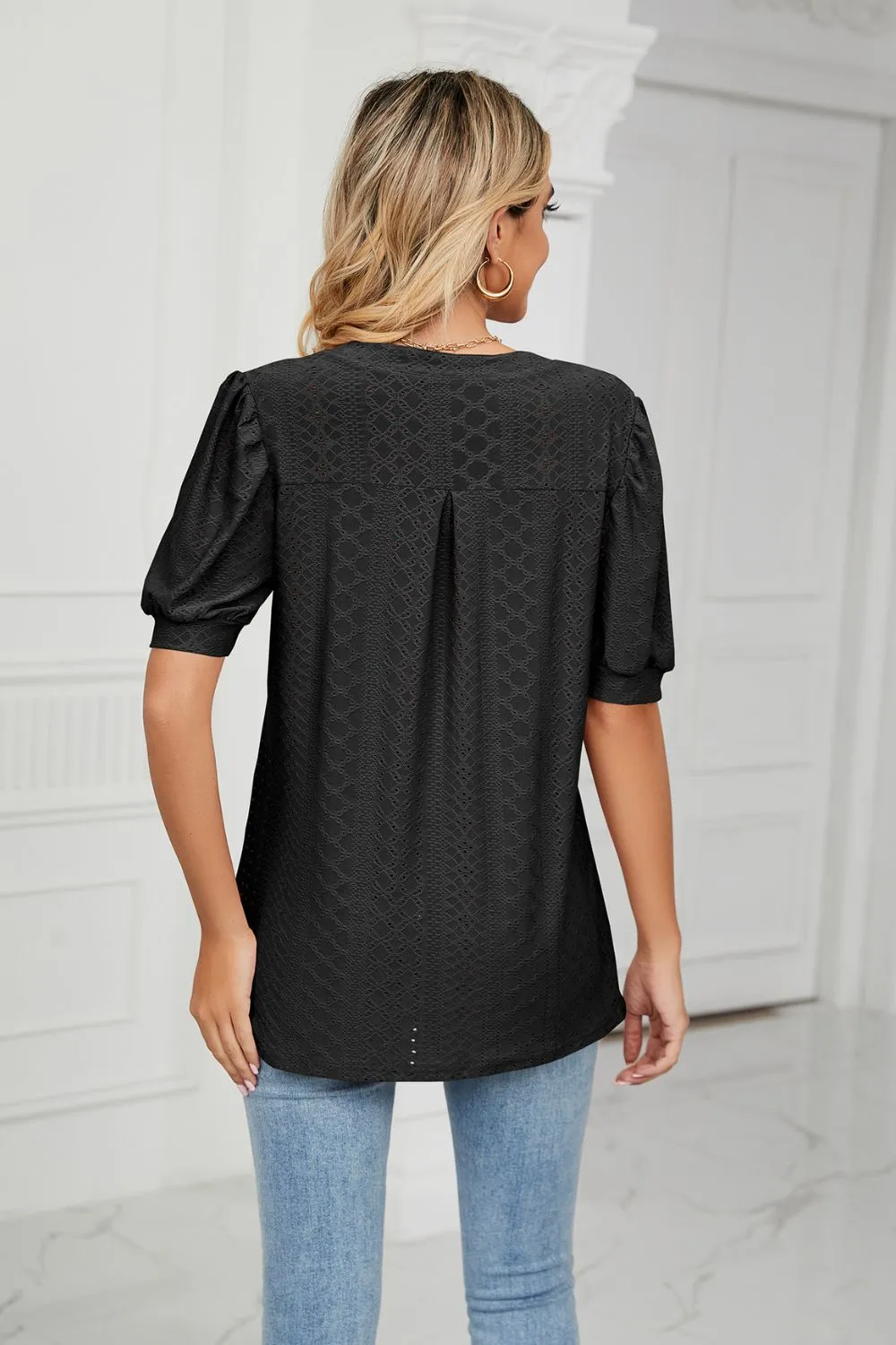 Eyelet Short Puff Sleeve Notched Neck Top, image 10