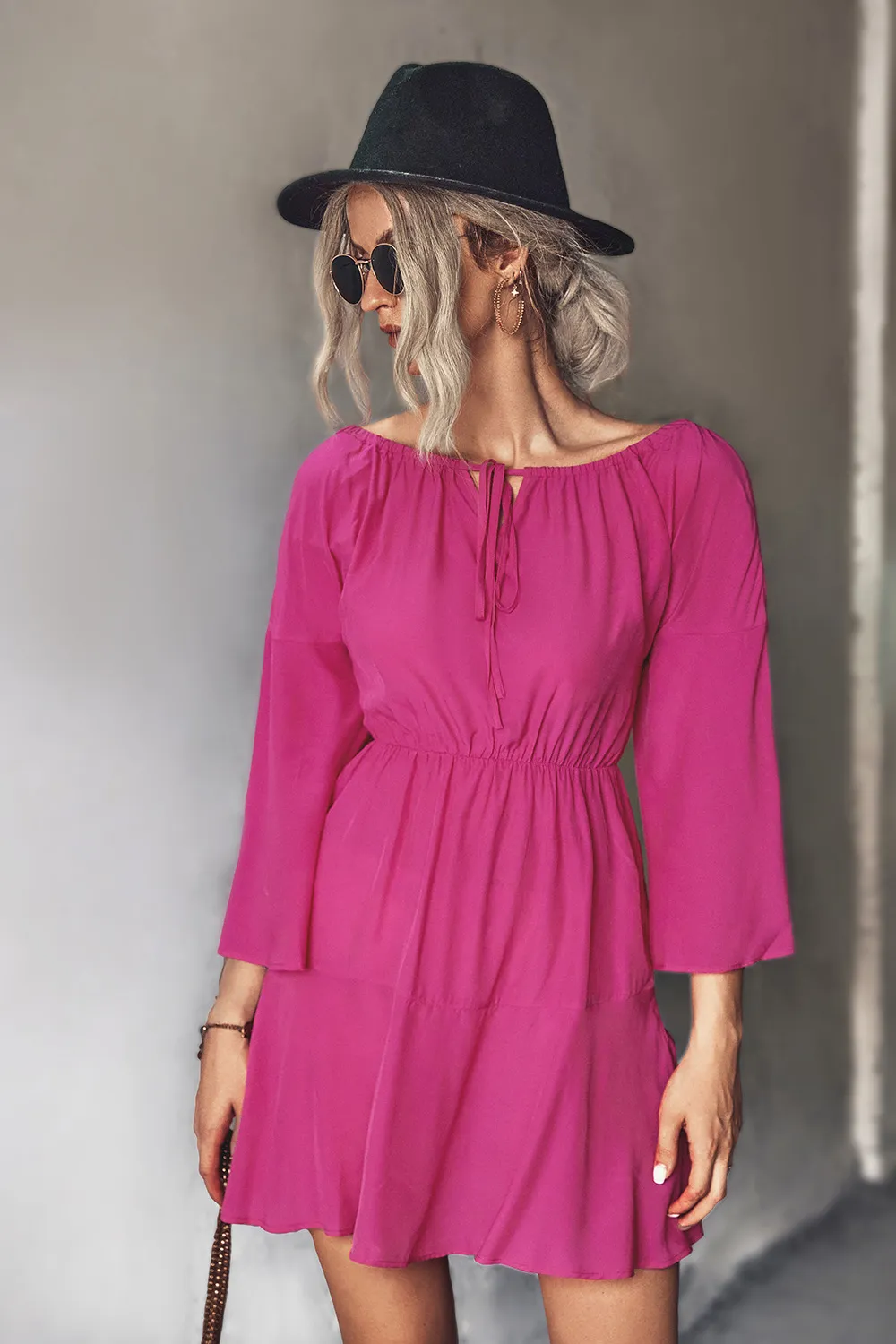 Tie Neck Flare Sleeve Mini Dress, image 8