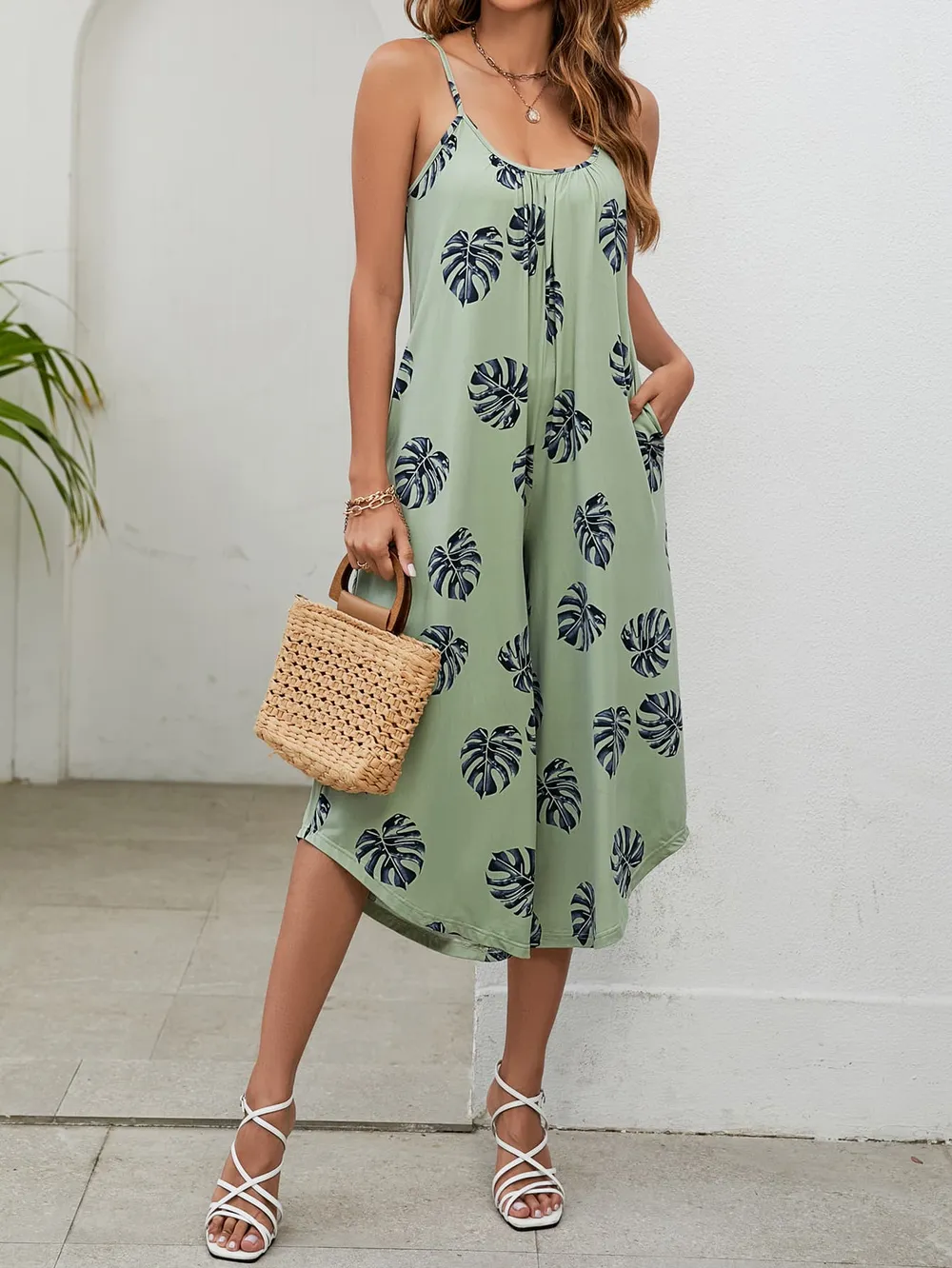 Botanical Print Spaghetti Strap Scoop Neck Jumpsuit, image 7