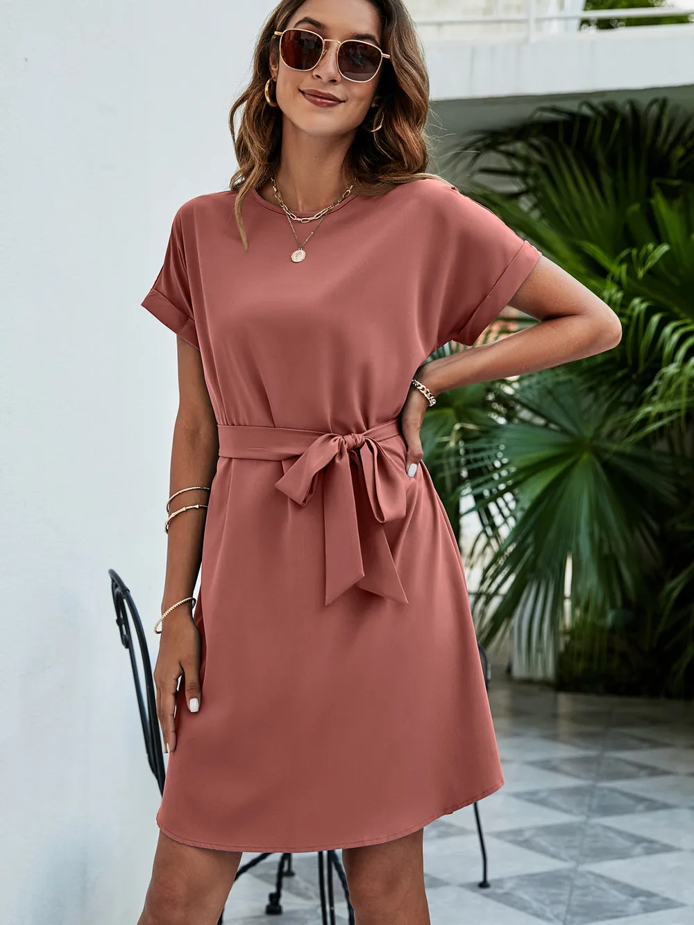 Belted Round Neck Curved Hem Dress, image 4