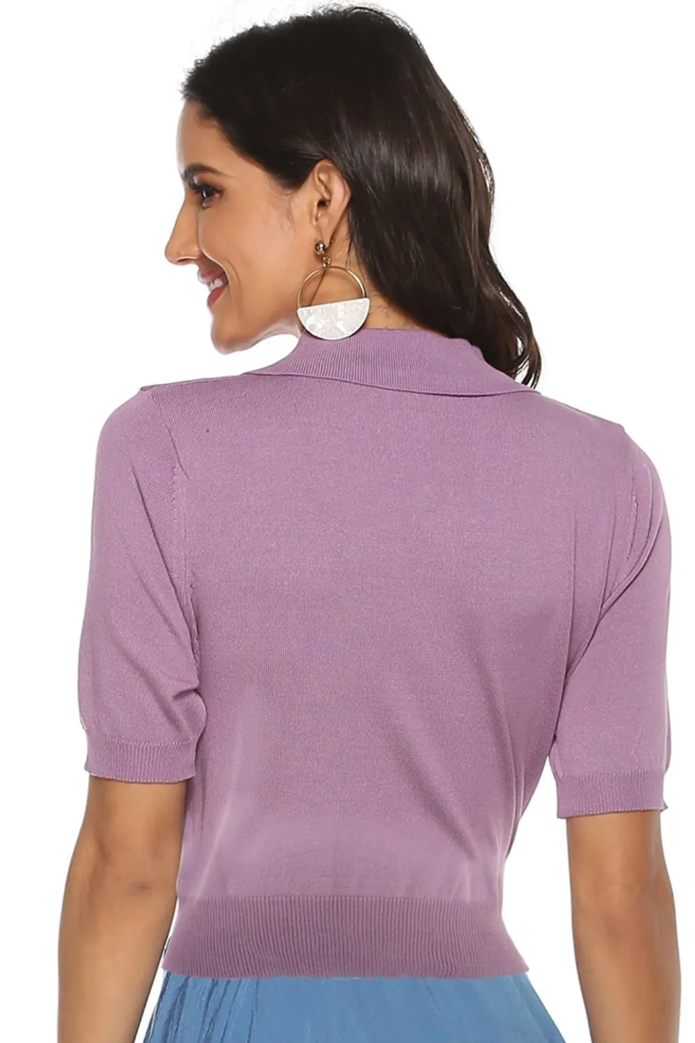 Buttoned Collared Neck Short Sleeve Knit Top, image 8