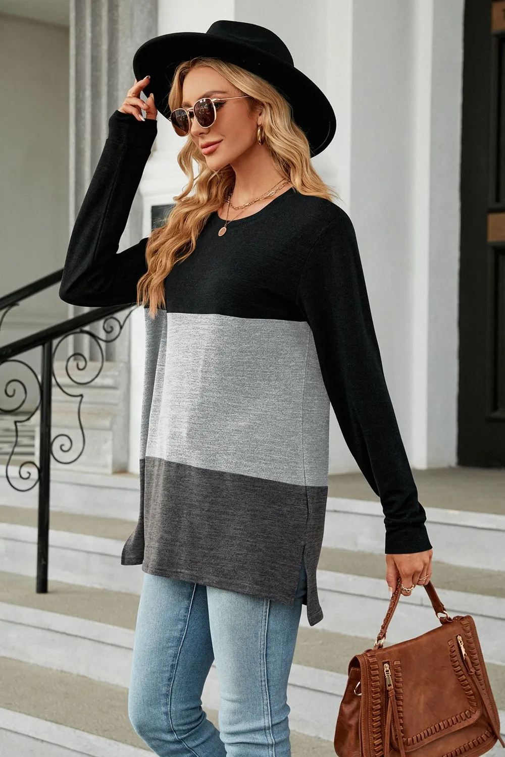 Color Block Round Neck Long Sleeve Slit T-Shirt, image 20