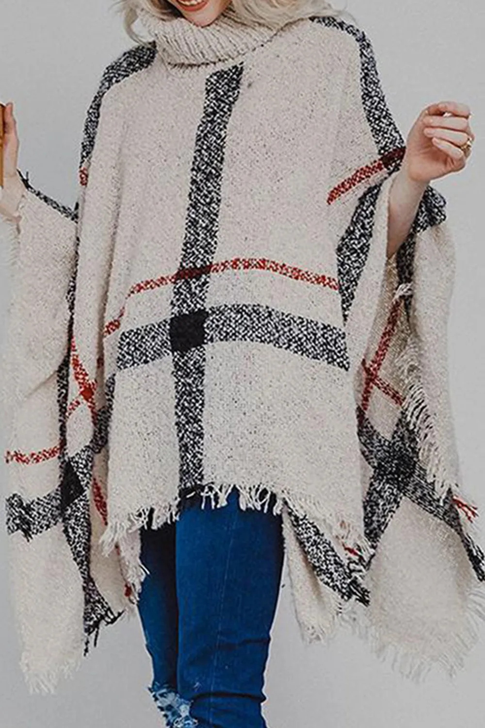 Plaid Turtleneck Raw Hem Poncho, image 3