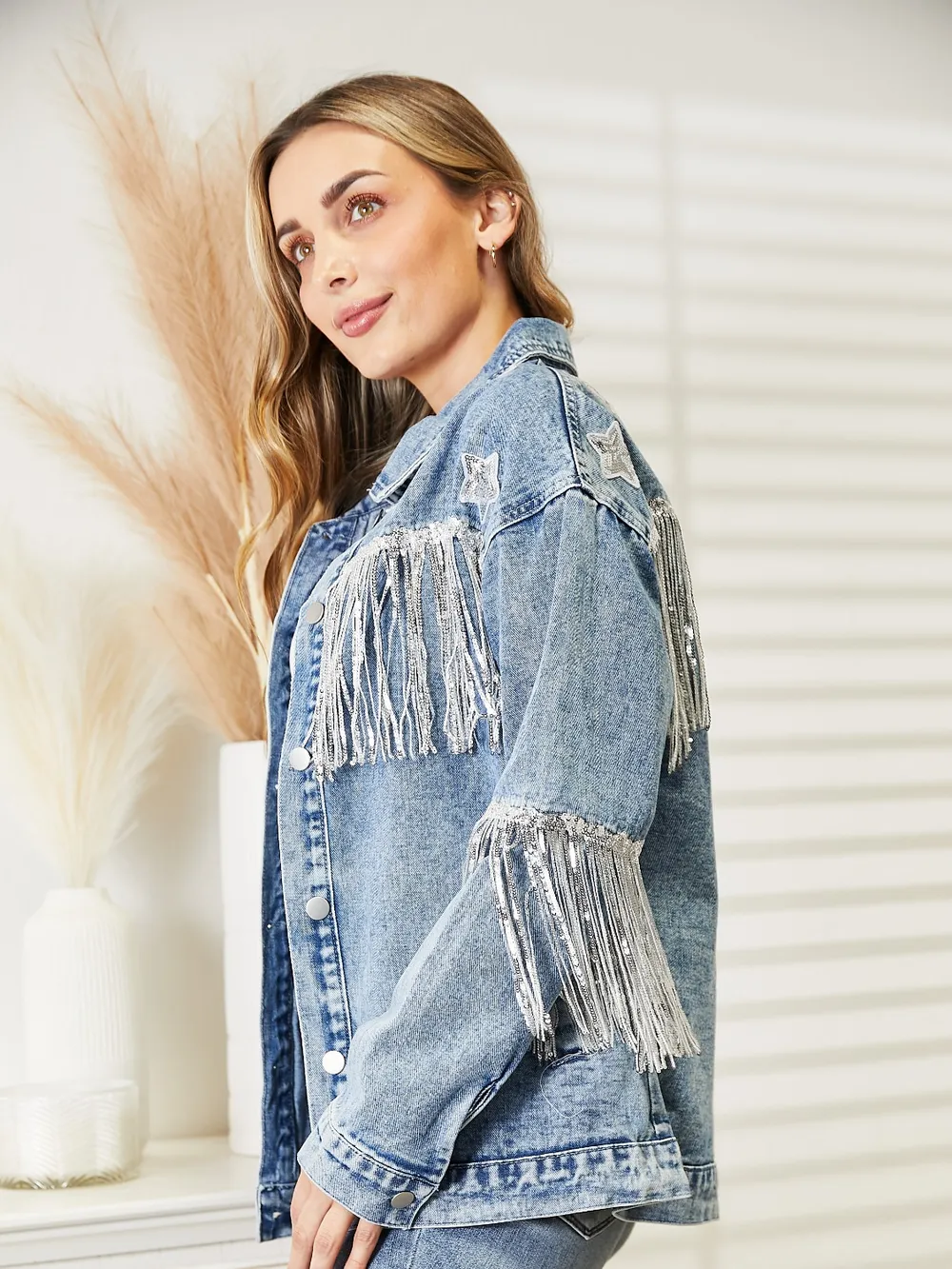 Fringe Detail Long Sleeve Denim Jacket, image 4