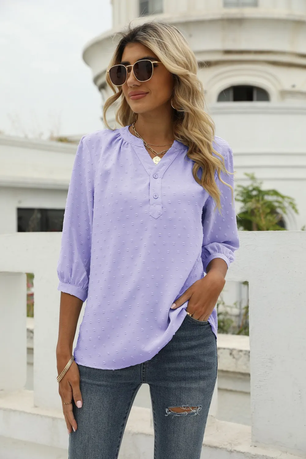 Swiss Dot Notched Neck Three-Quarter Sleeve Blouse, image 27