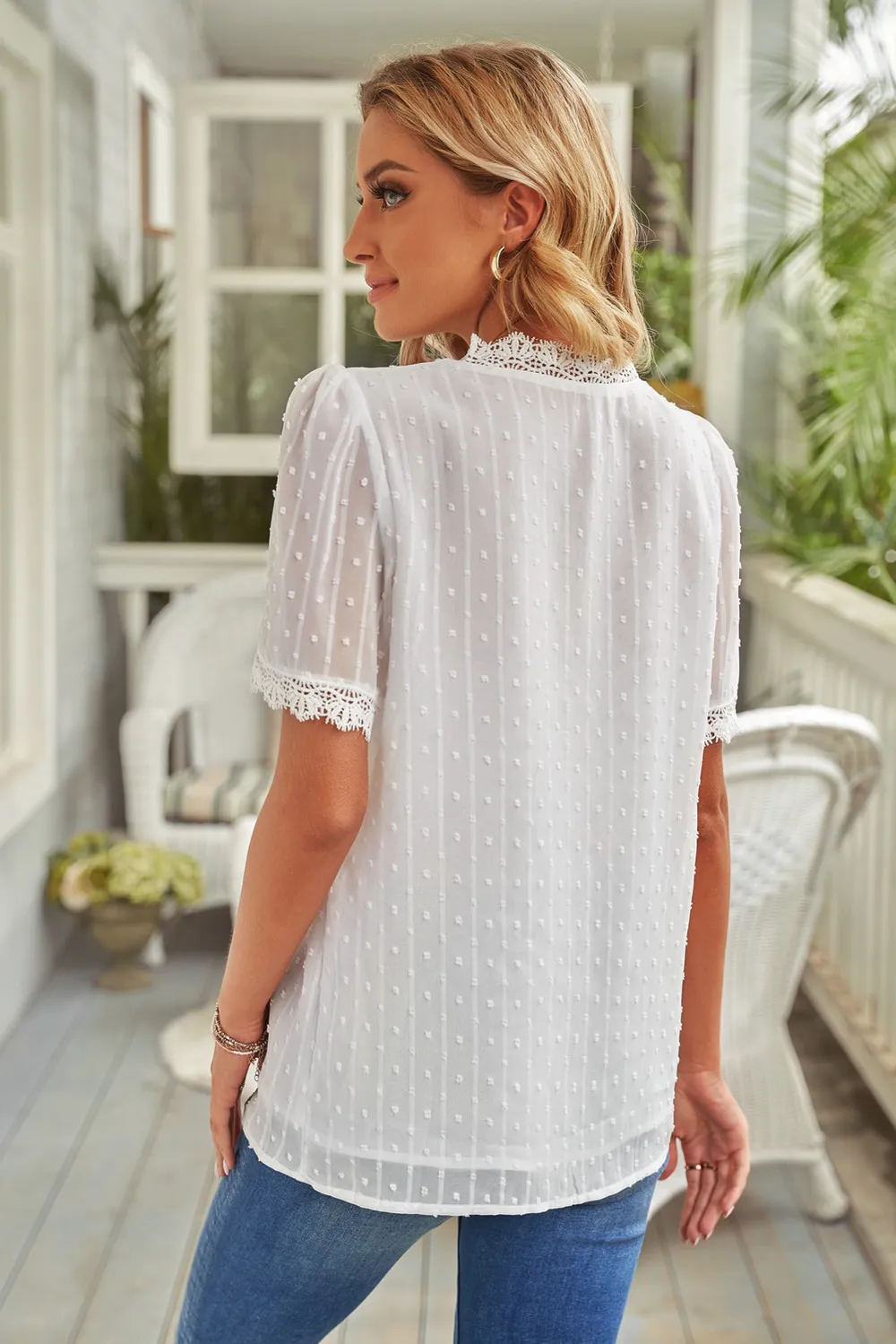 Swiss Dot Lace Trim Plunge Blouse, image 11