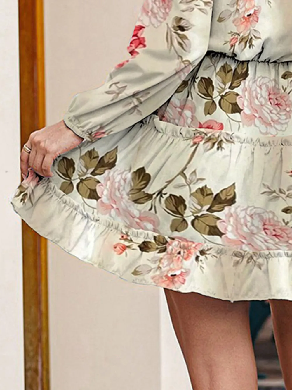 Printed Tie Neck Long Sleeve Dress, image 3