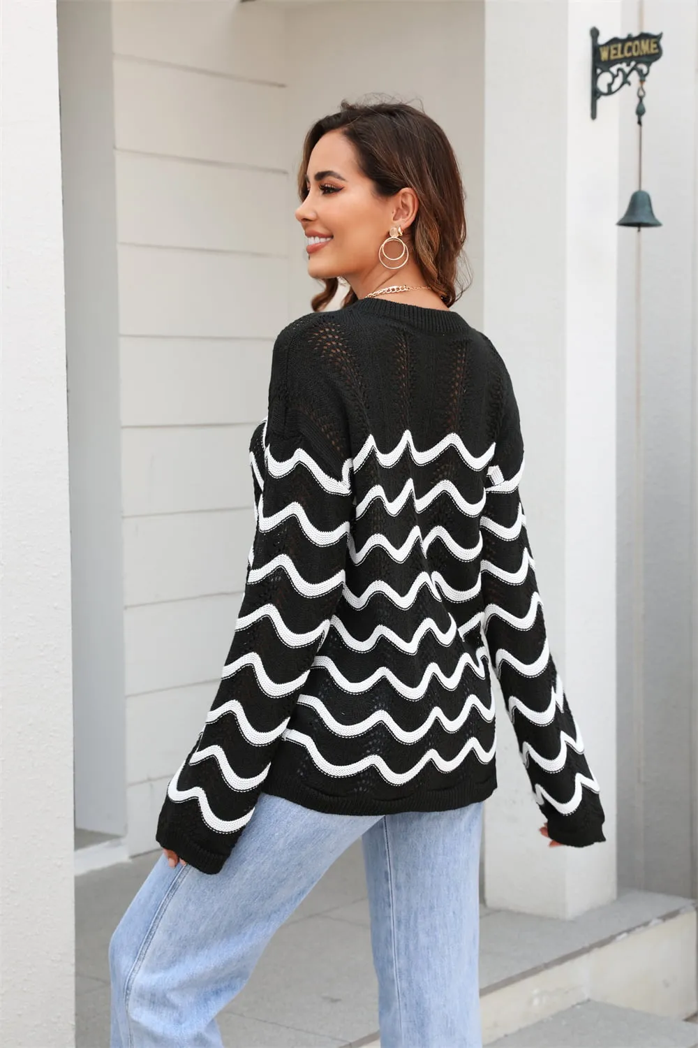 Wave Pattern Round Neck Long Sleeve Sweater, image 2